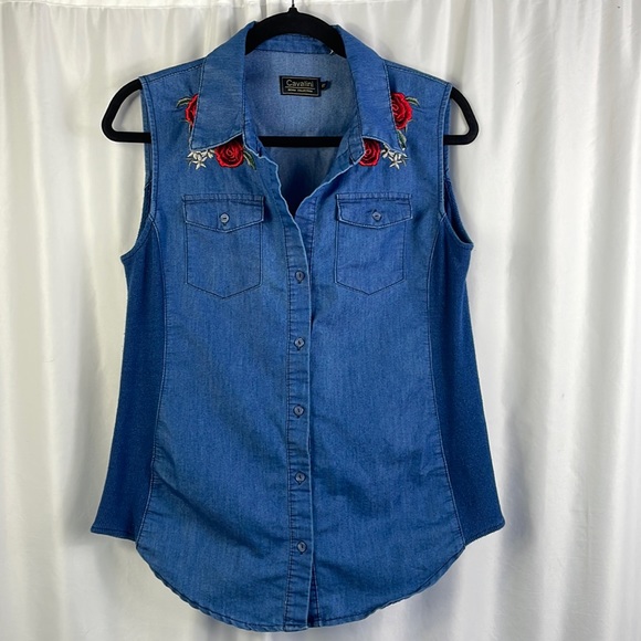 Cavalini Denim Collection Sleeveless Button Down Top Rose Embroidered Stretch M - Picture 7 of 7